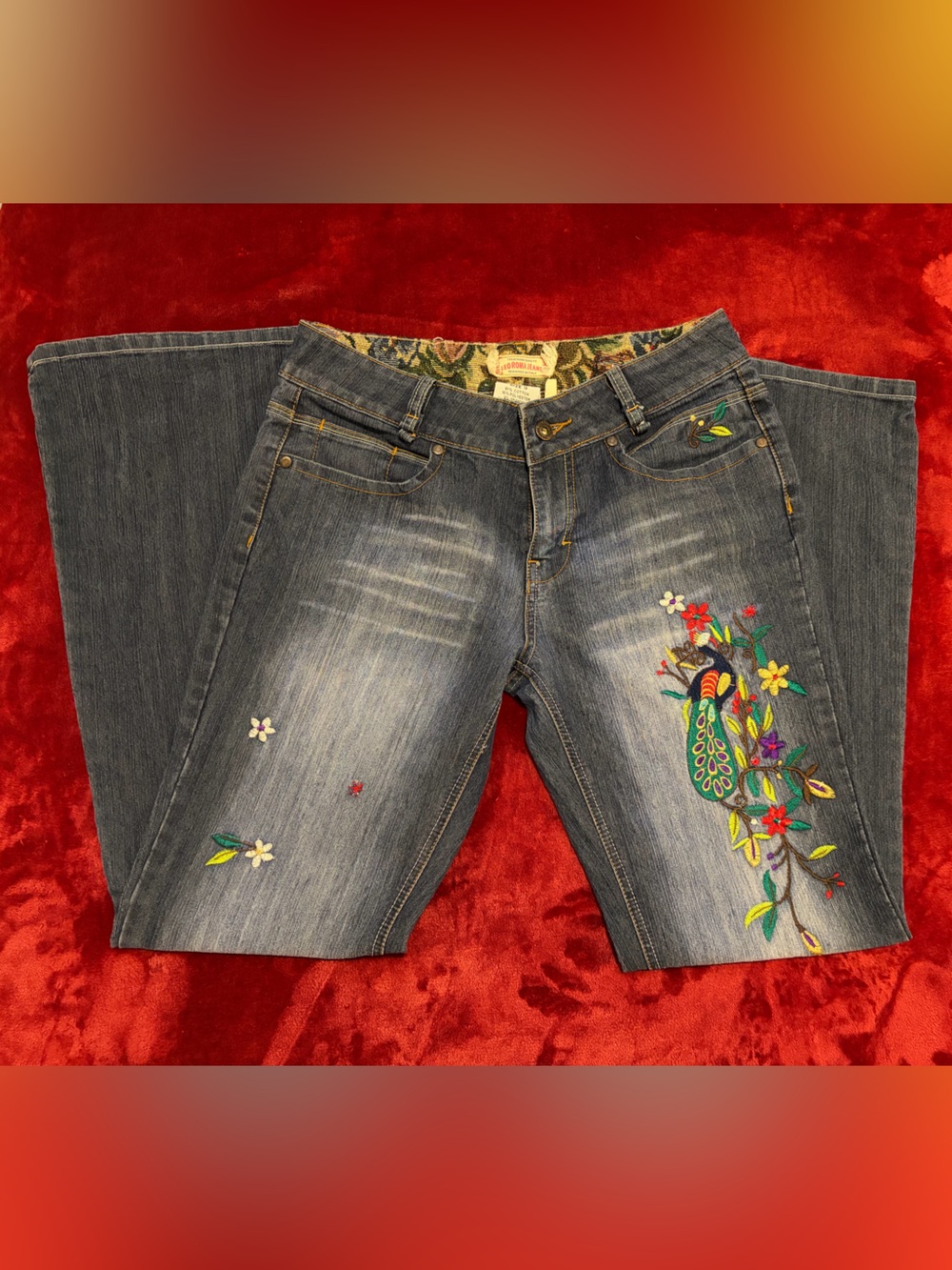 TG Y2K Leo Roma Embroidered Peacock Flare Jeans - Size 9